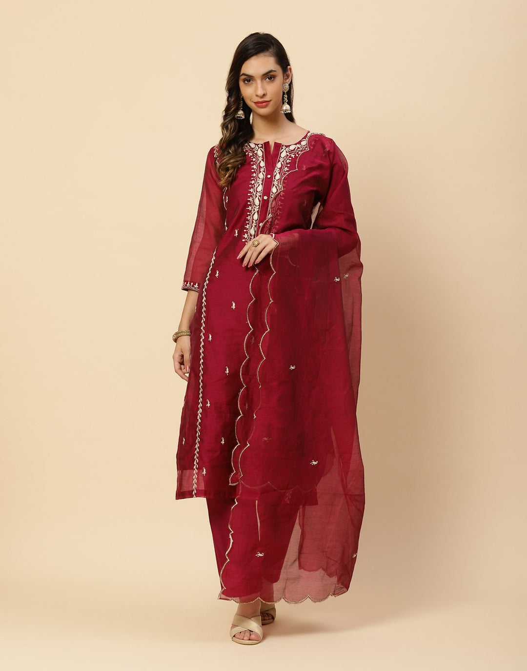 Embroidered Cotton Salwar Kameez Stitched Suit With Chanderi Dupatta