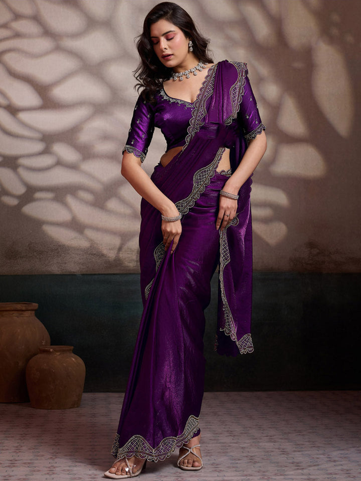 Embroidered Satin Velvet Saree