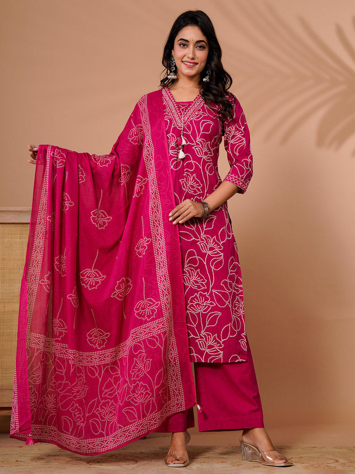 Pink Cotton Blend Printed Straight Suit Set