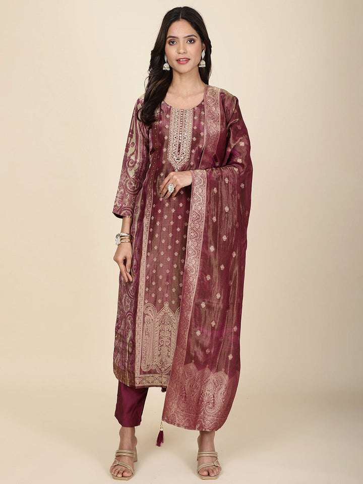 Neck Embroidery Tissue Kurta With Pants &amp; Dupatta