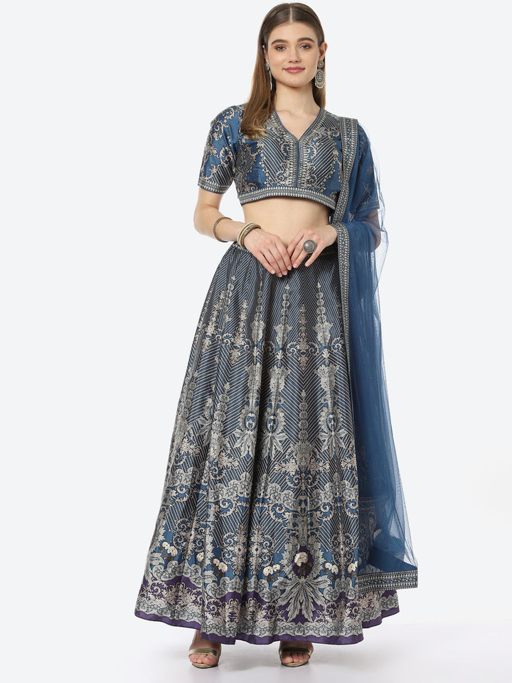 Digital Floral Printed Art Tussar Choli With Lehenga &amp; Net Dupatta
