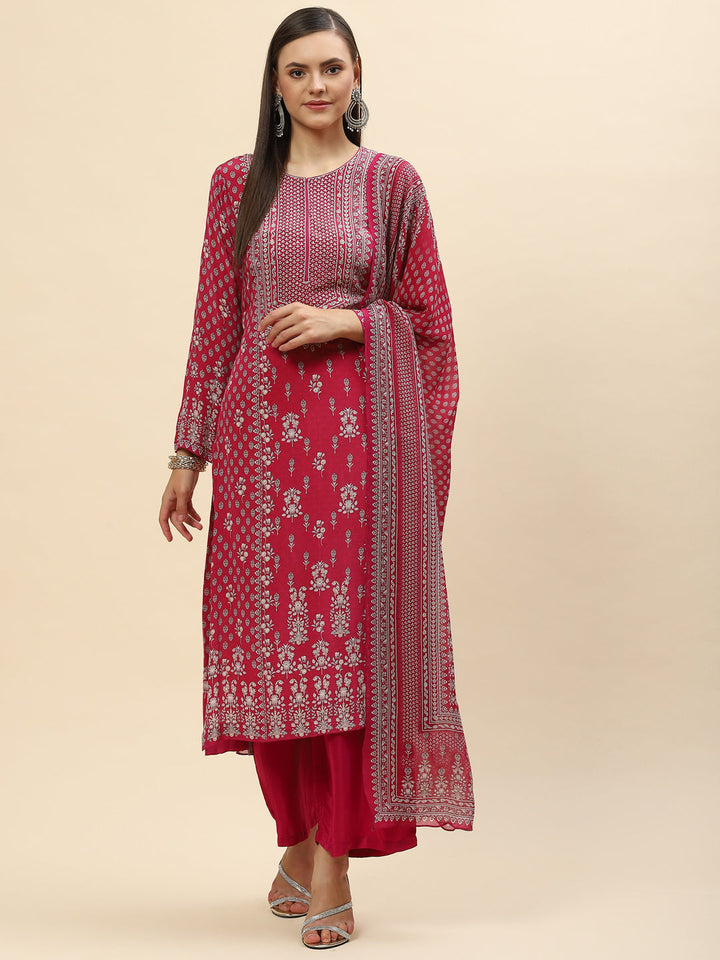 Floral Digital Printed Crepe Kurta With Palazzo &amp; Net Dupatta