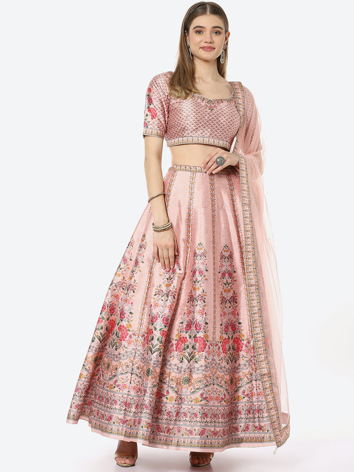 Floral Digital Printed Art Tussar Silk Choli With Lehenga &amp; Net Dupatta