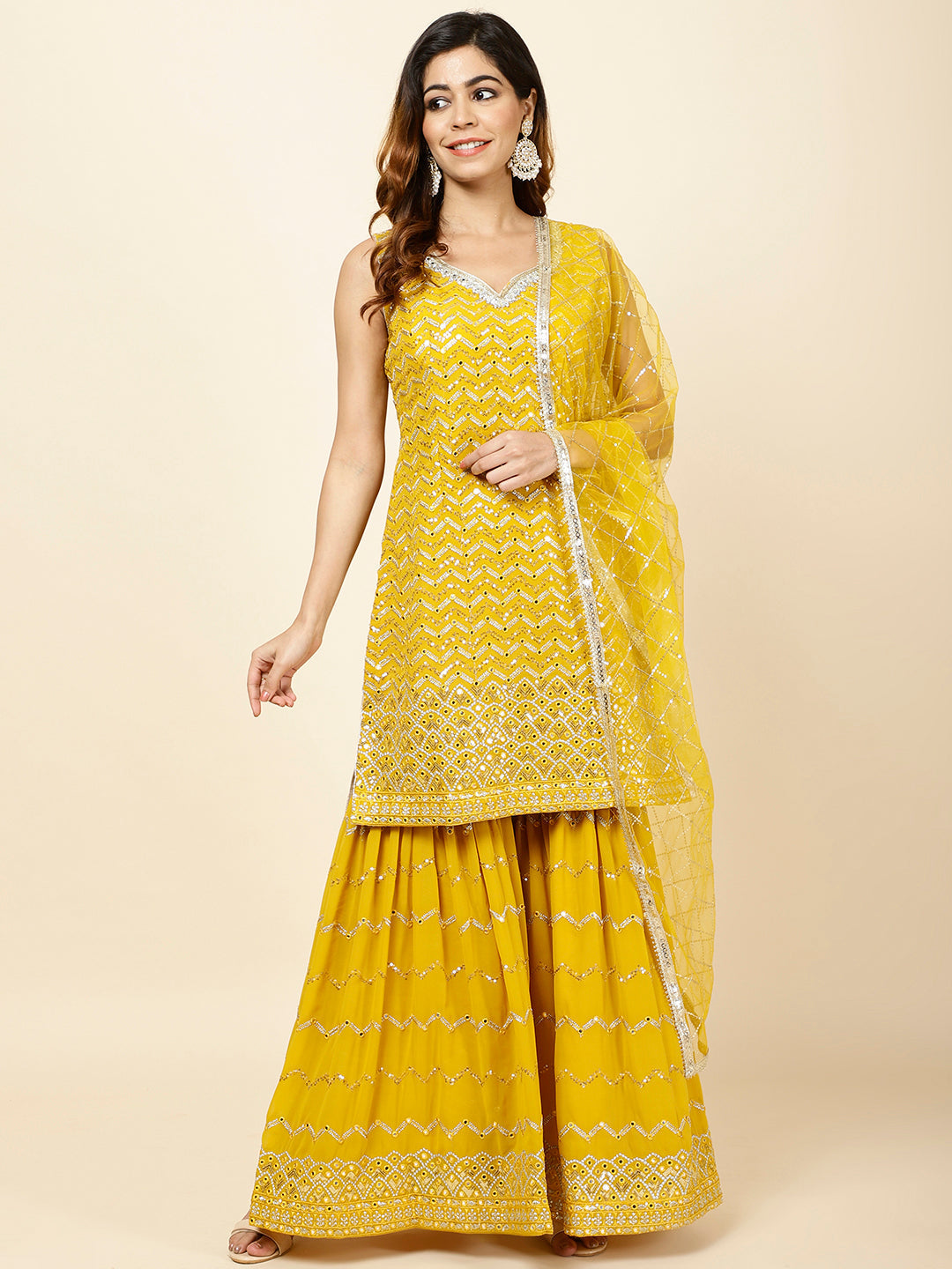 Embroidered Georgette Kurta With Garara &amp; Dupatta