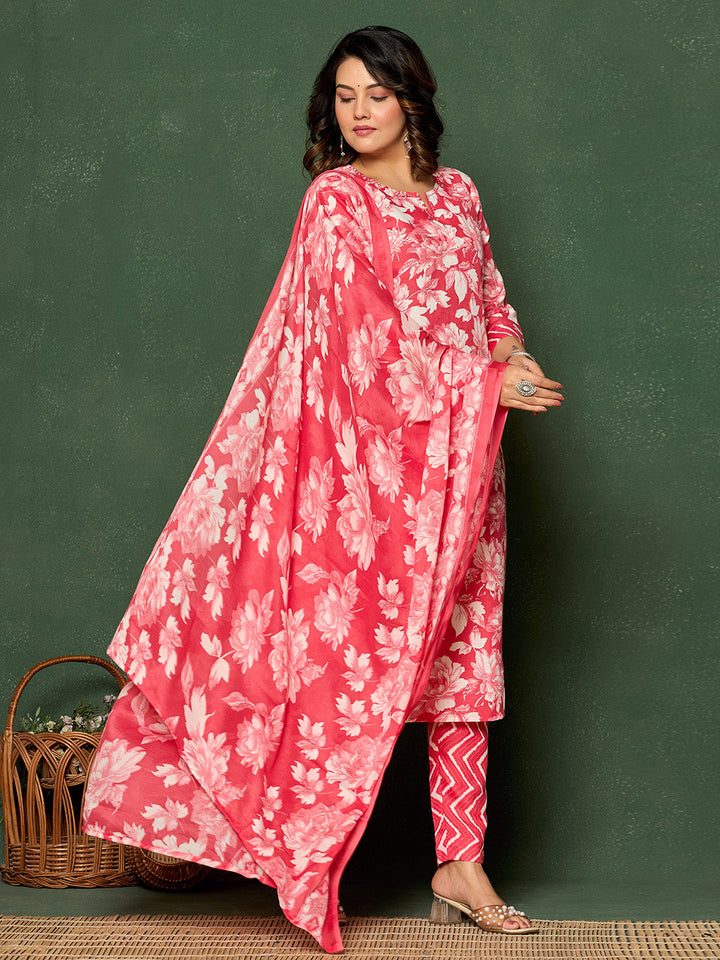 Printed Cotton Blend Kurta With Pants &amp; Dupatta