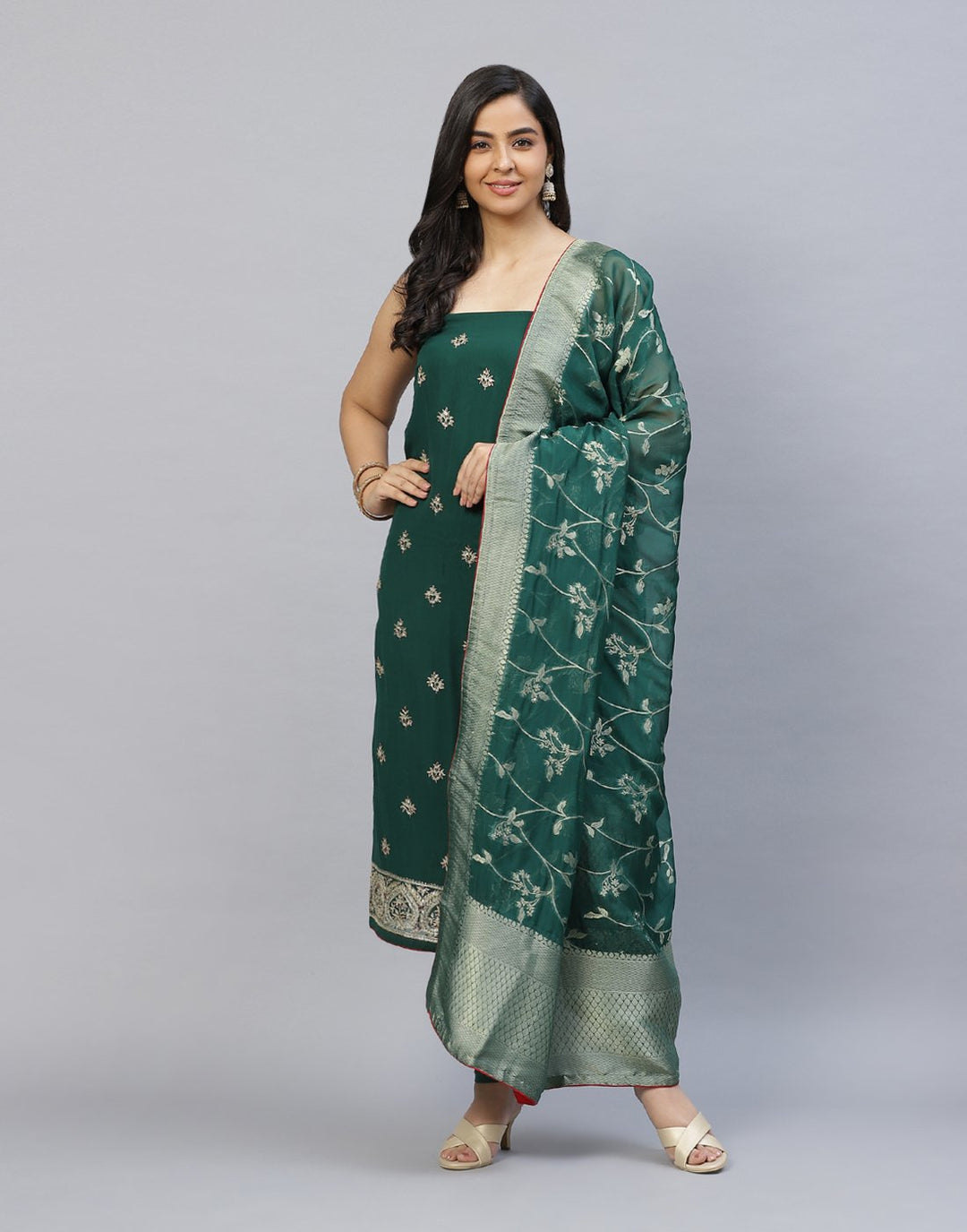 Embroidered Georgette Suit Piece With Banarasi Dupatta