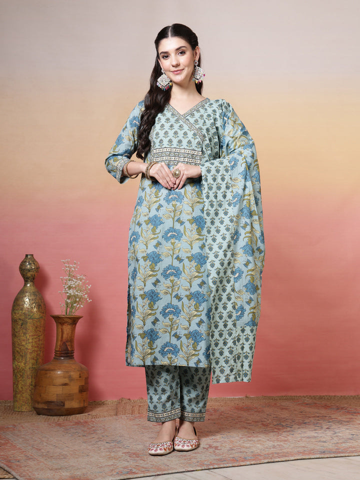 Printed Cotton Kurta With Pant &amp; Dupatta