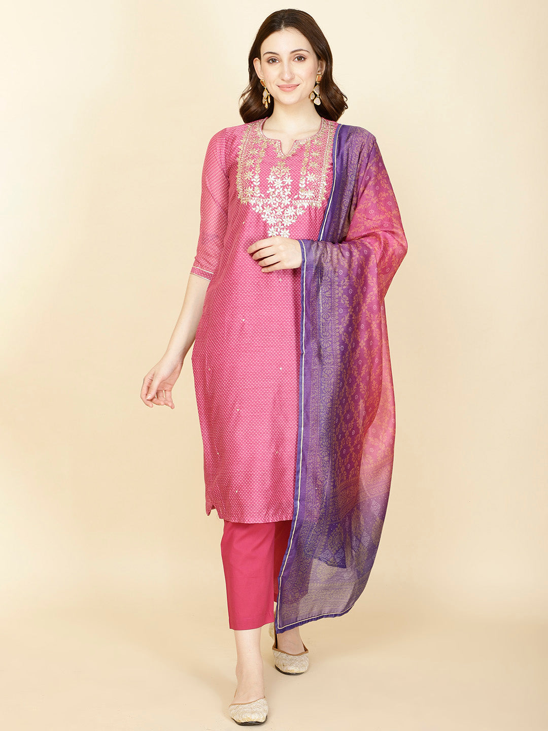 Neck Gota Patti &amp; Printed Chanderi Kurta With Pants &amp; Dupatta