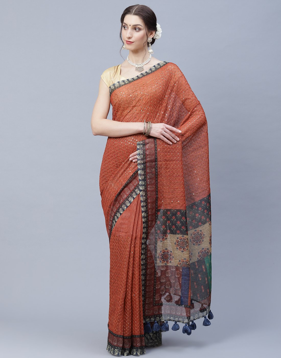Cotton Printed Saree With Sequence Work