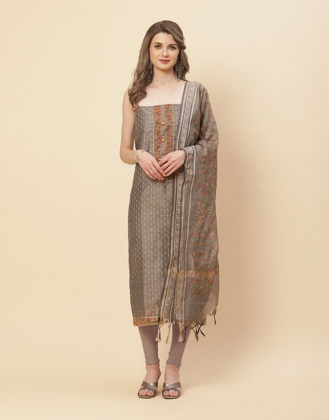 Embroidered Chanderi Suit Piece With Dupatta
