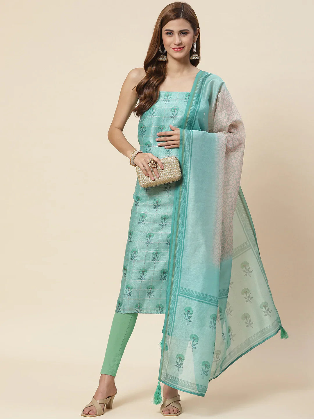 Floral Printed Chanderi Unstitched Suit Piece With Dupatta
