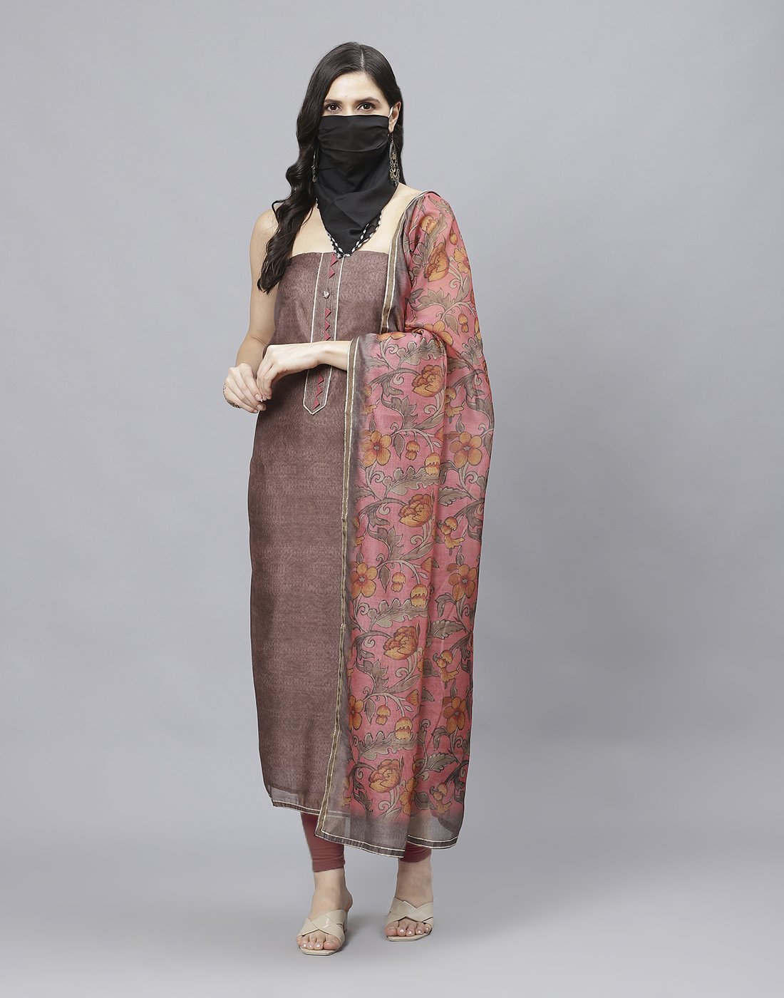 Embroidered Chanderi Suit Piece With Printed Chanderi Dupatta And Scarf