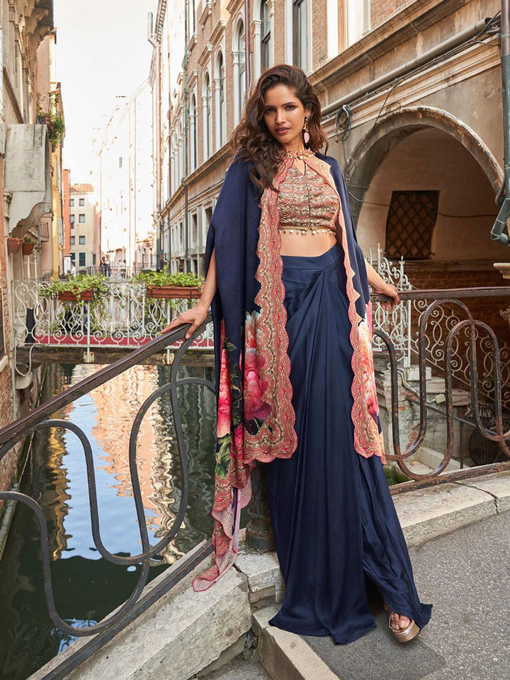 Embroidered Crepe Choli With Skirt &amp; Jacket