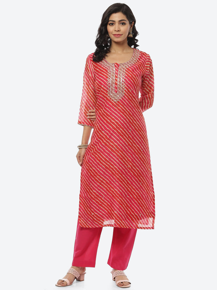 Printed Neck Embroidered Chanderi Kurti With Pant