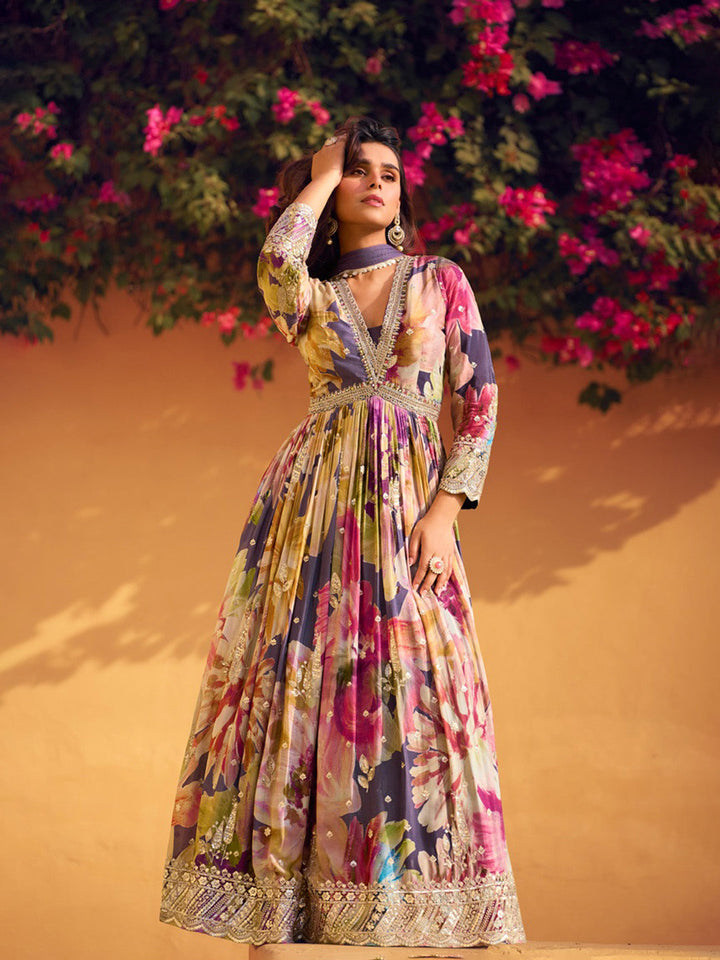 Embroidered Chinon Suit With Pant &amp; Dupatta