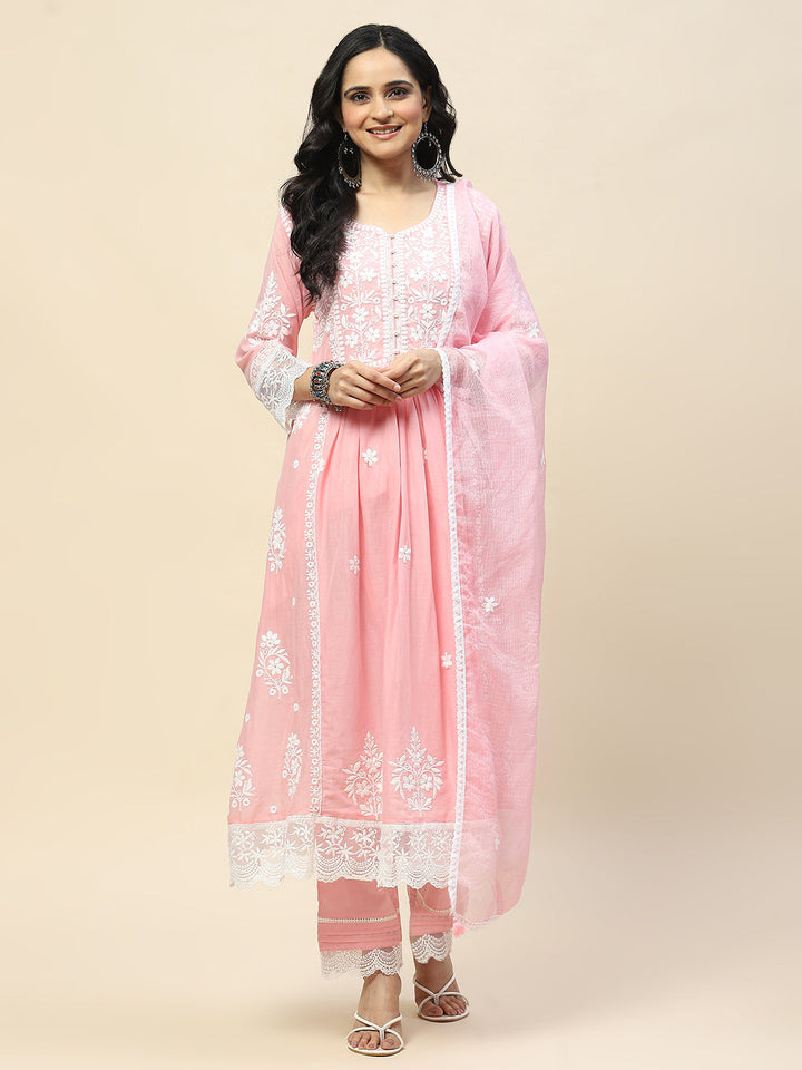 Neck Embroidery Cotton Anarkali With Pants &amp; Dupatta