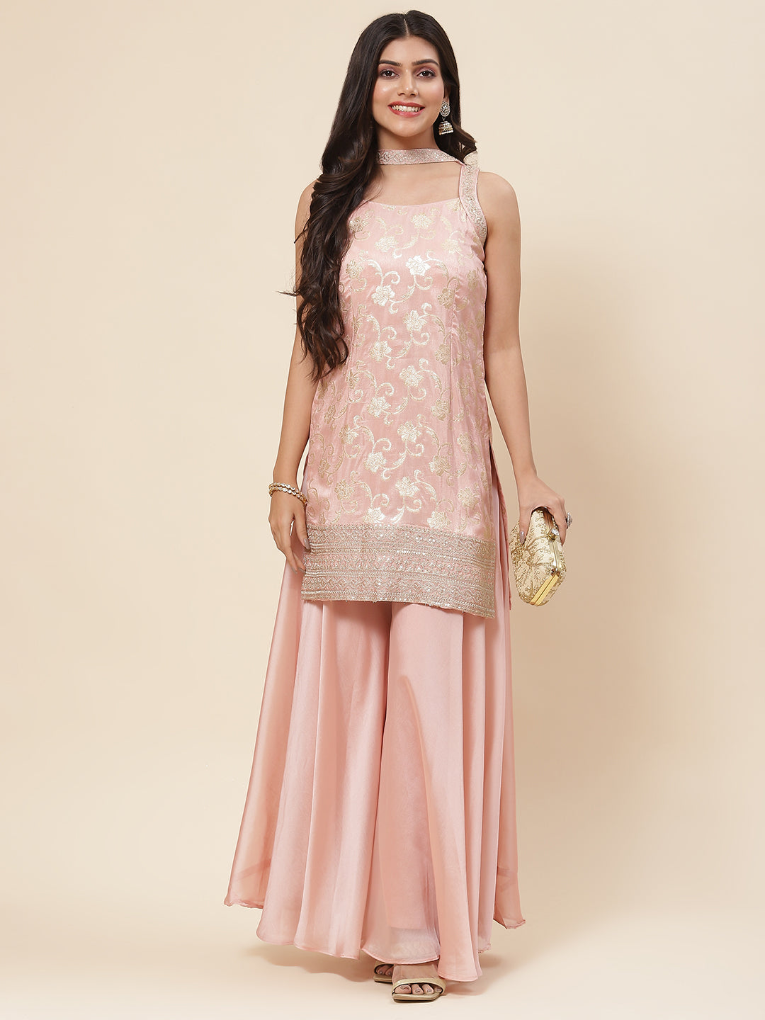 Floral Woven Georgette Kurta With Sharara &amp; Dupatta