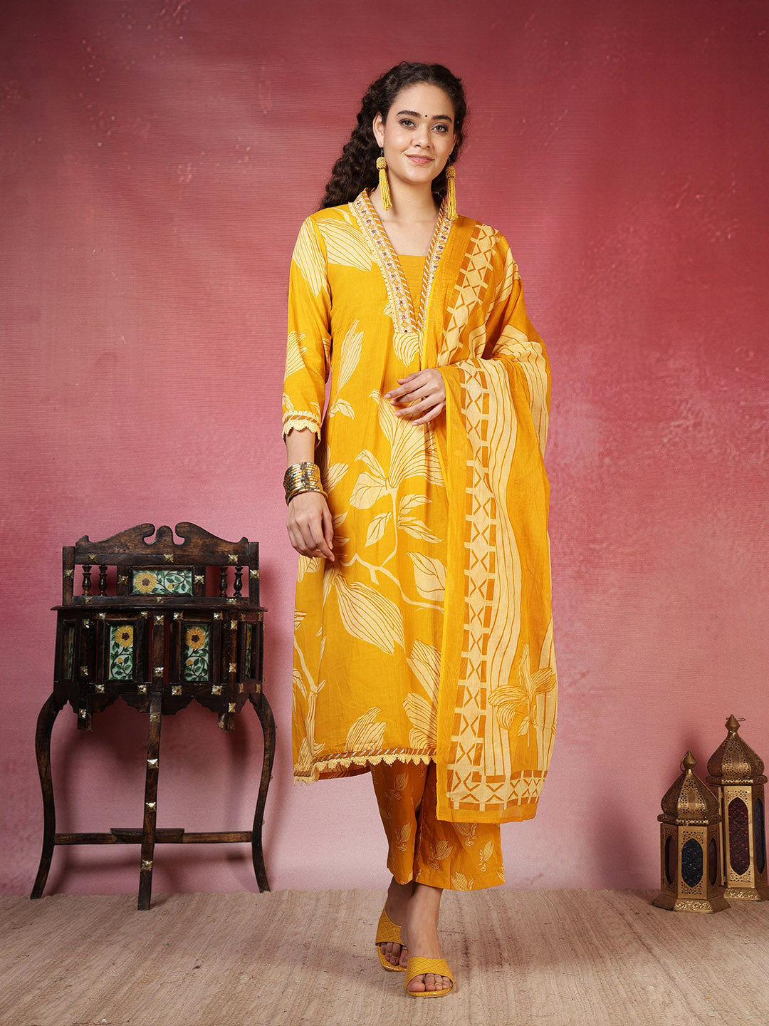 Printed Cotton Blend Kurta With Pant &amp; Dupatta