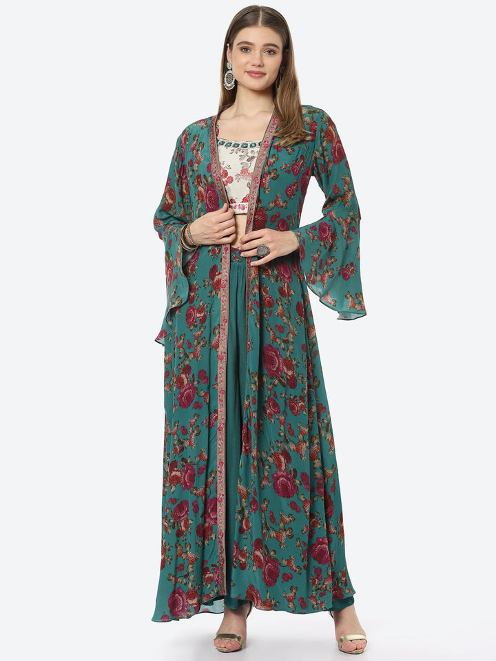 Digital Floral Printed Crepe Crop Top With Sharara &amp; Jacket