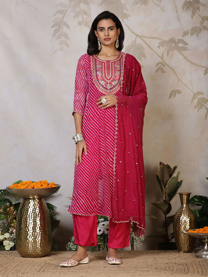 Embroidered Georgette Kurta With Pants &amp; Dupatta
