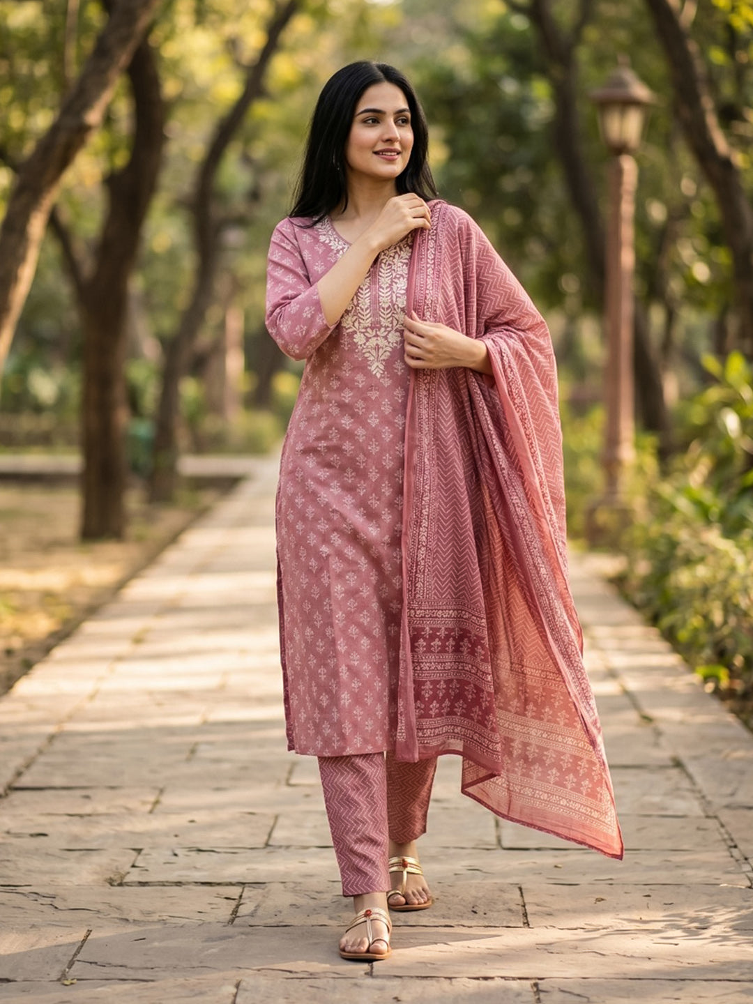 Embroidered Cotton Blend Kurta With Pant &amp; Dupatta