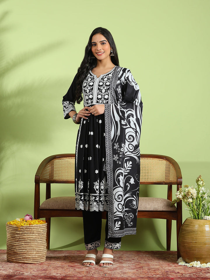 Embroidered Cotton Kurta With Pant &amp; Dupatta