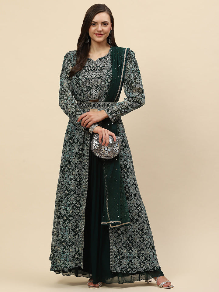 Digital Printed Crop Top Sharara With Dupatta &amp; Jacket