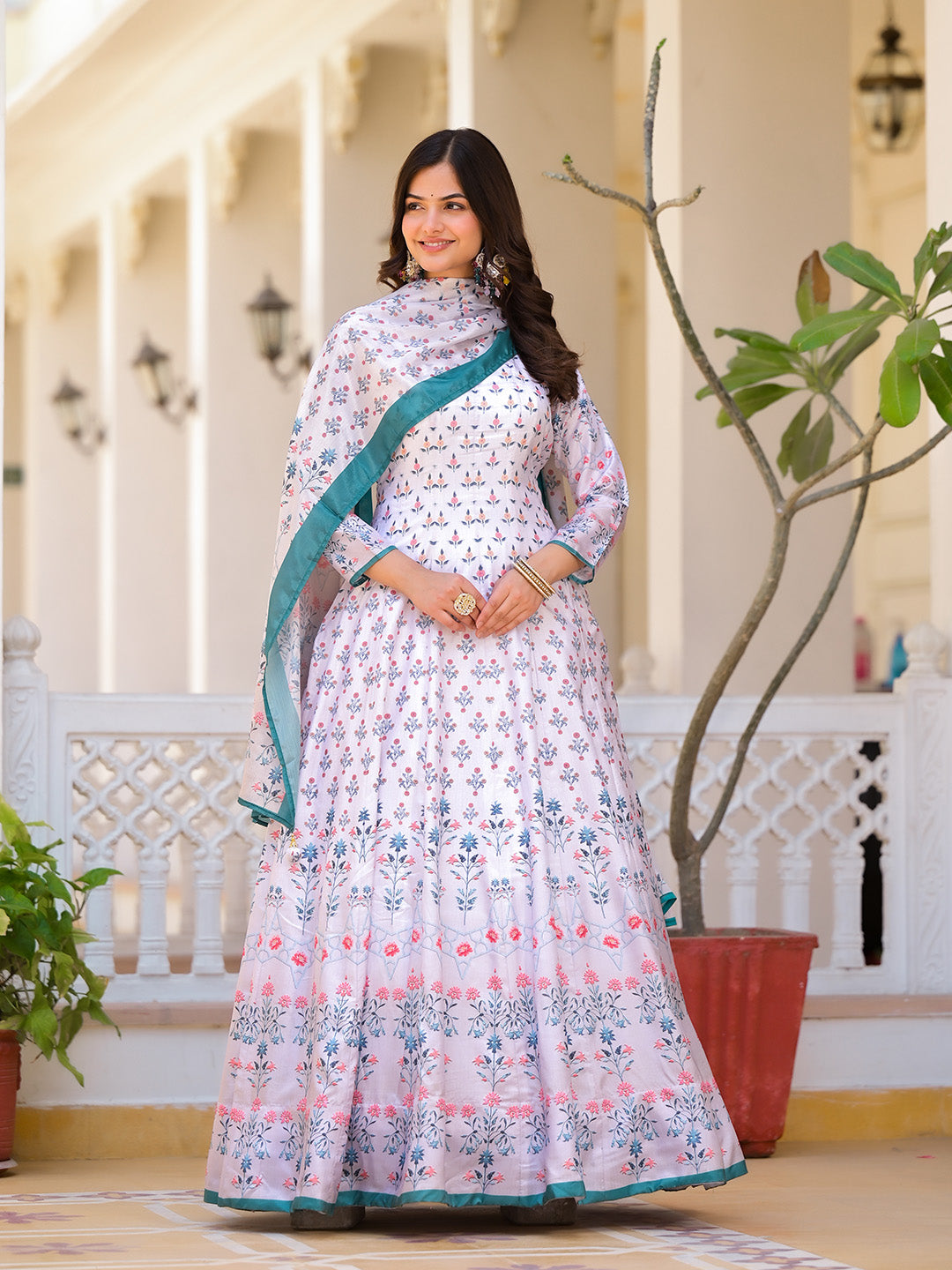 Digital Printed Anarkali Kurta With Churidar &amp; Dupatta