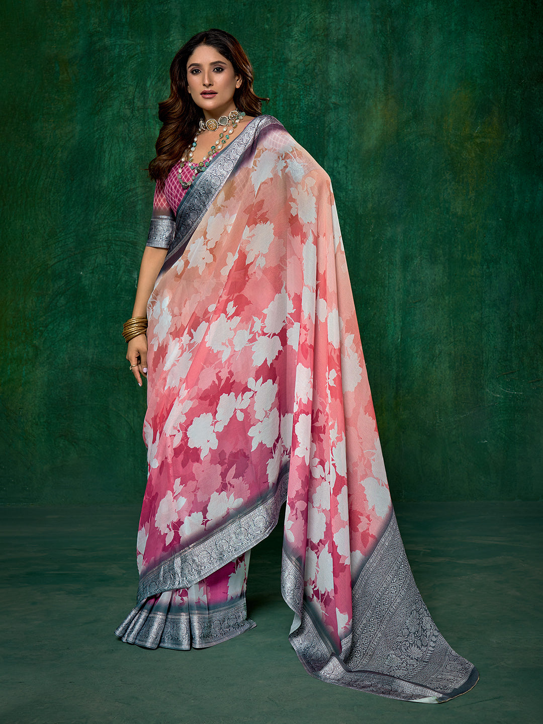 Ombre Floral Printed Georgette Saree