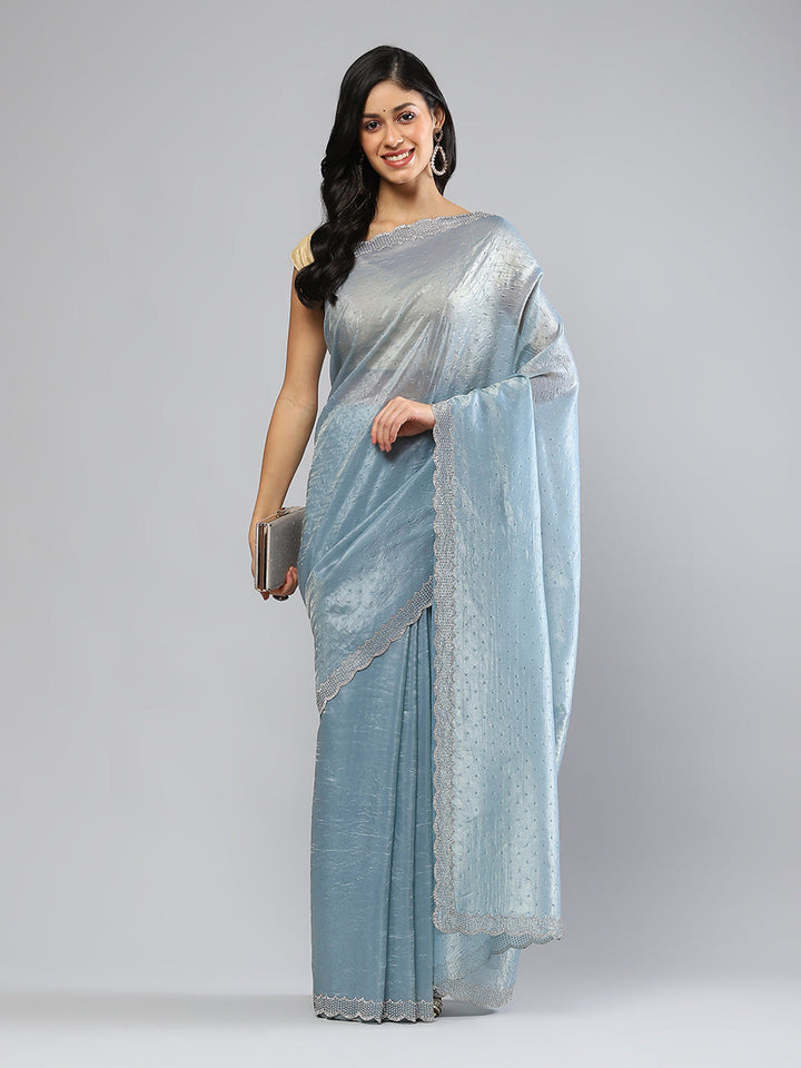 Swarovski Border Art-Chiffon Organza Plain Saree