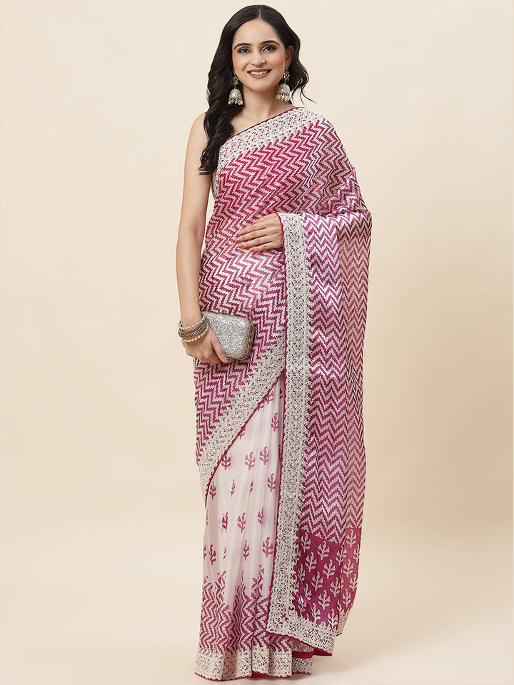 Block Printed Satin Saree - Meena bazaar