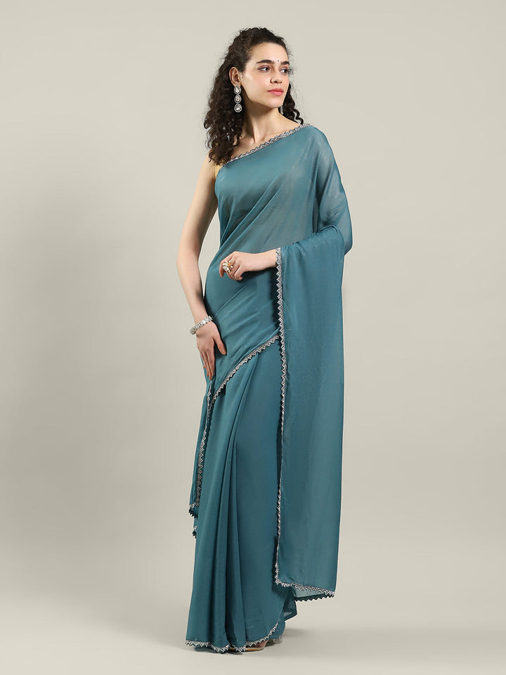 Plain Lace Border Georgette Saree