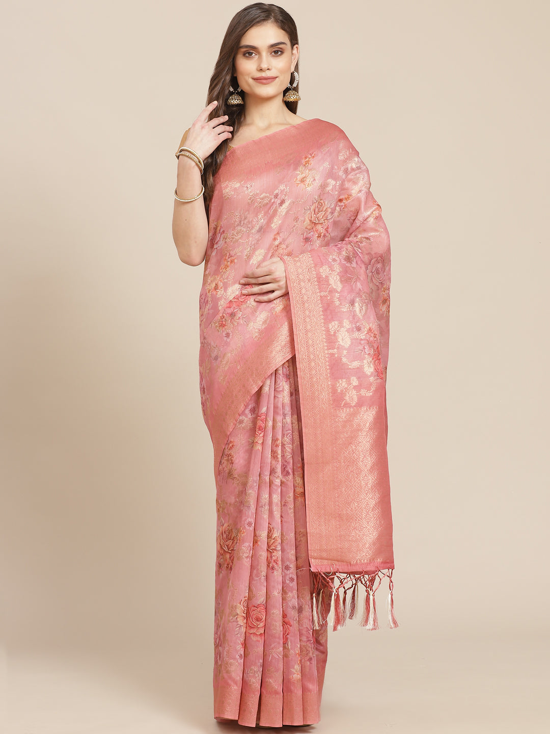 Digital Floral Printed Banarasi Pallu Cotton Chanderi Saree