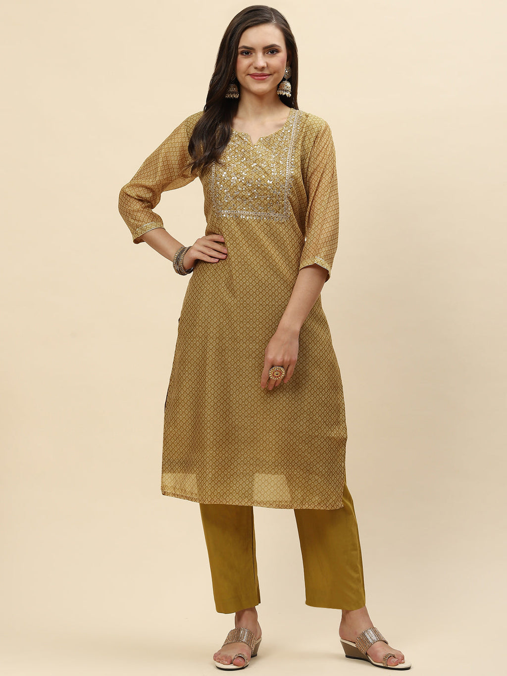 Neck Embroidered & Floral Printed Chanderi Kurta With Pants