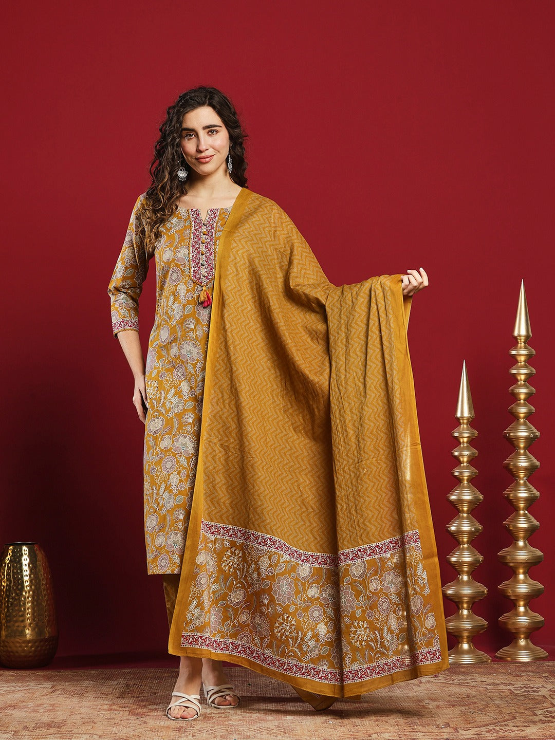 Printed Cotton Kurta With Pant &amp; Dupatta