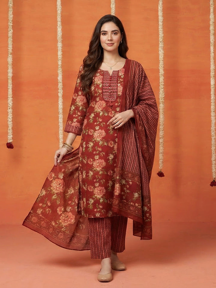 Printed Cotton Blend Kurta With Pant &amp; Dupatta