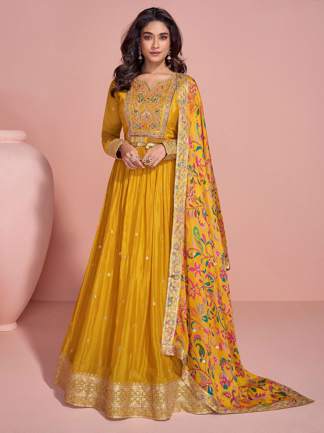 Printed Chinon Kurta With Pants &amp; Dupatta