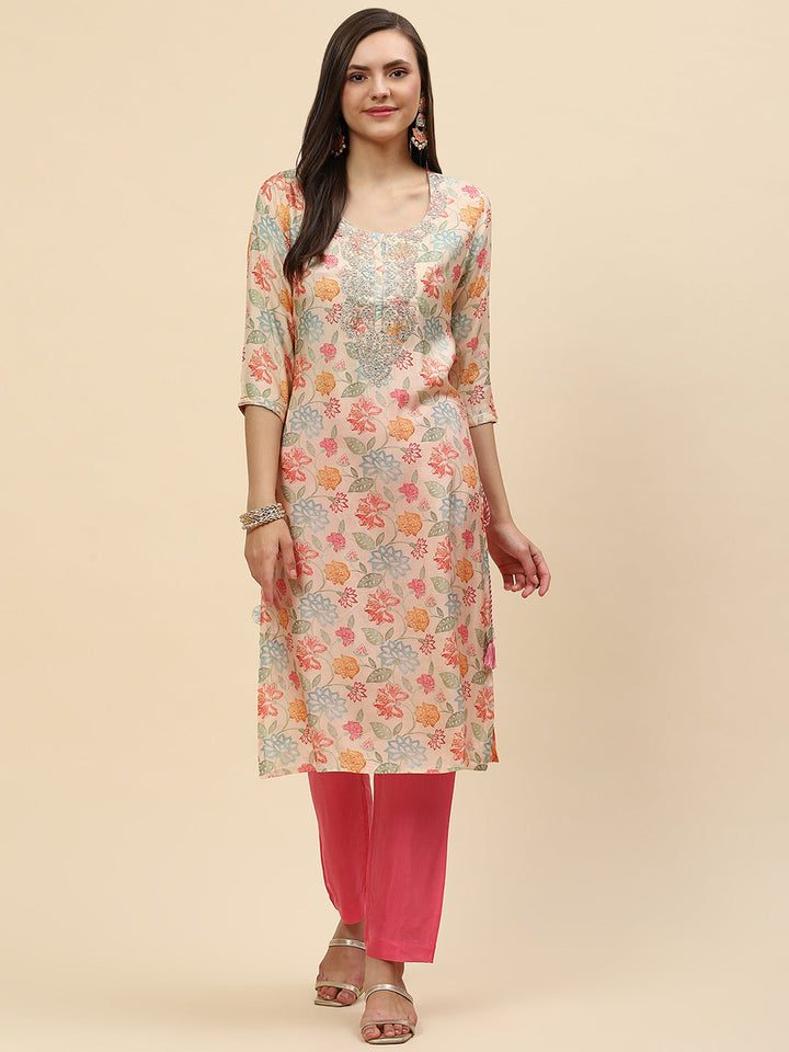 Zari Embroidered &amp; Printed Cotton Kurta With Pants