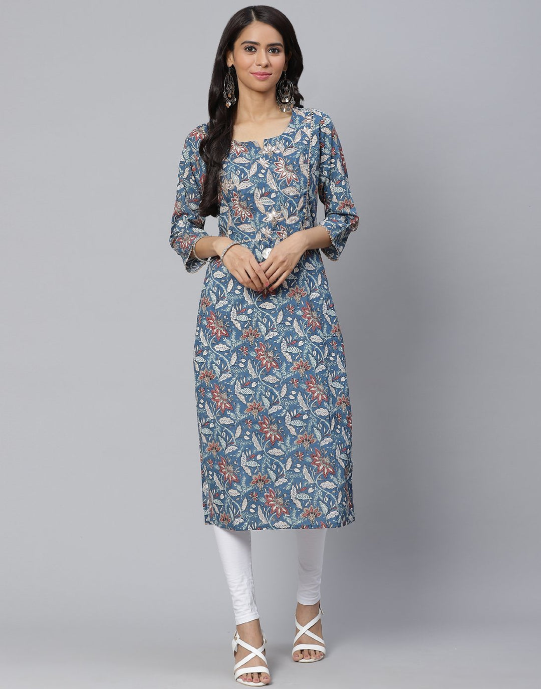 Floral Print Kurti With Gota Detail