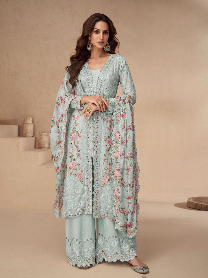Embroidered Chinon Silk Kurta With Plazzo &amp; Dupatta