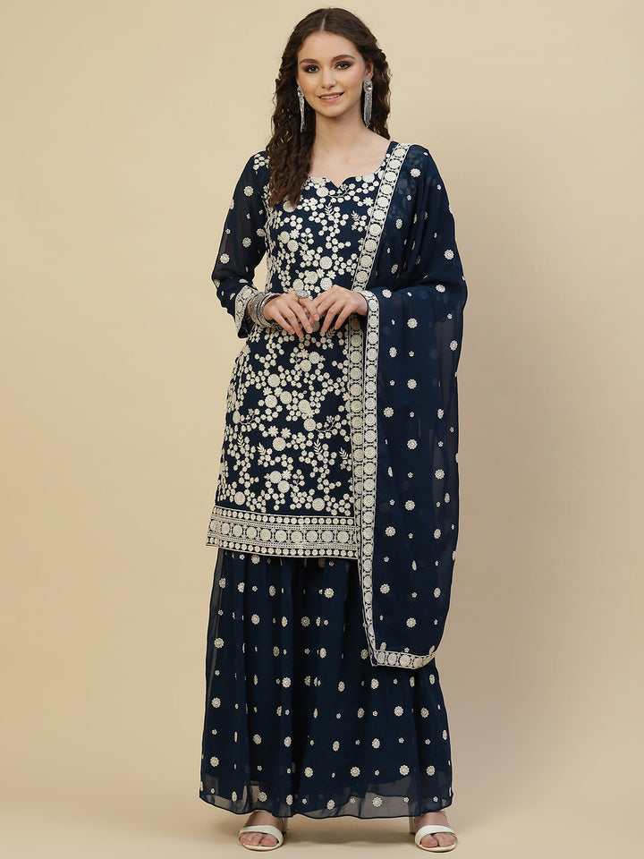 Resham Embroidered Georgette Kurta With Garara &amp; Dupatta