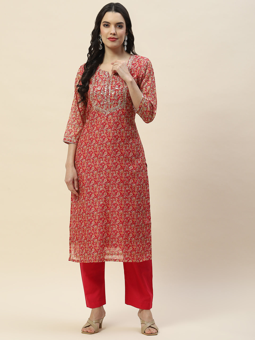 Printed Gota Work Chanderi Kurta With Pants