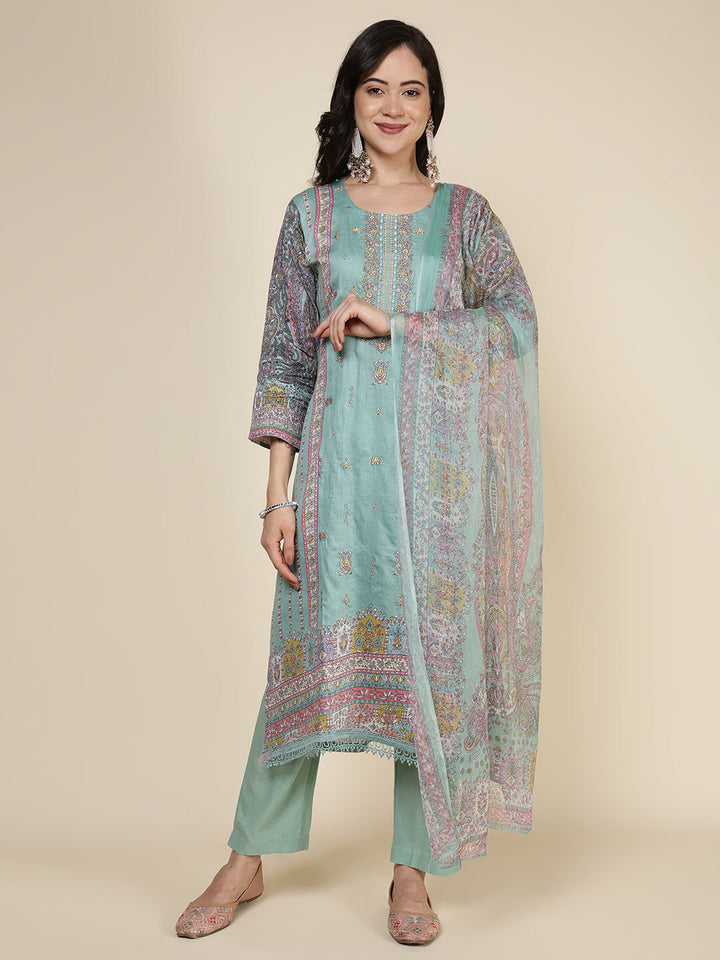 Printed Cotton Blend Kurta With Pants &amp; Dupatta