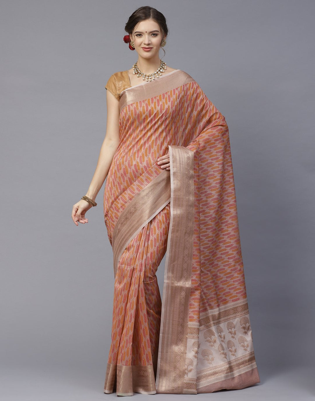 Cotton Printed Saree with Golden Zari Border