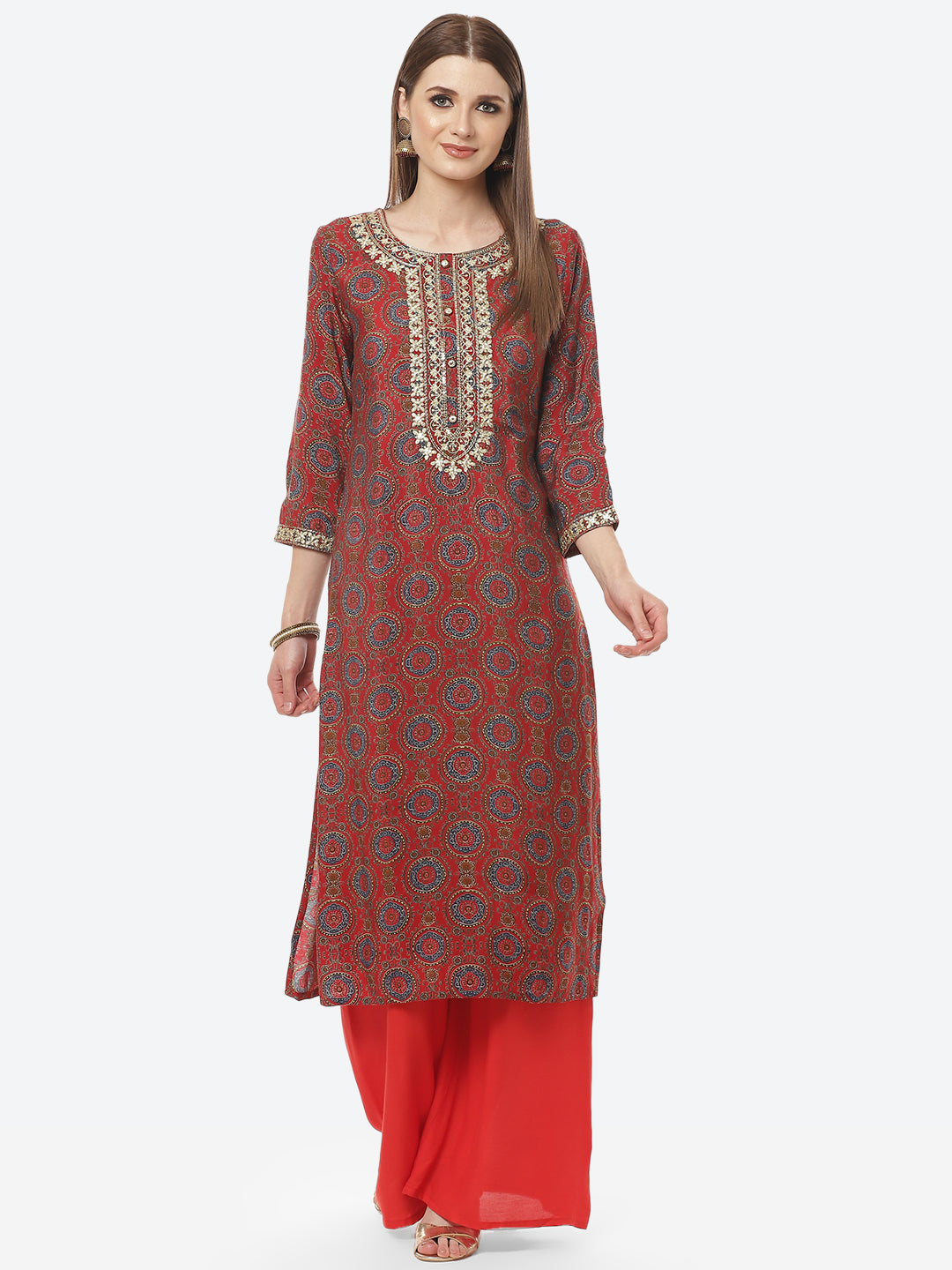 Printed Neck Embroidered Cotton Kurti