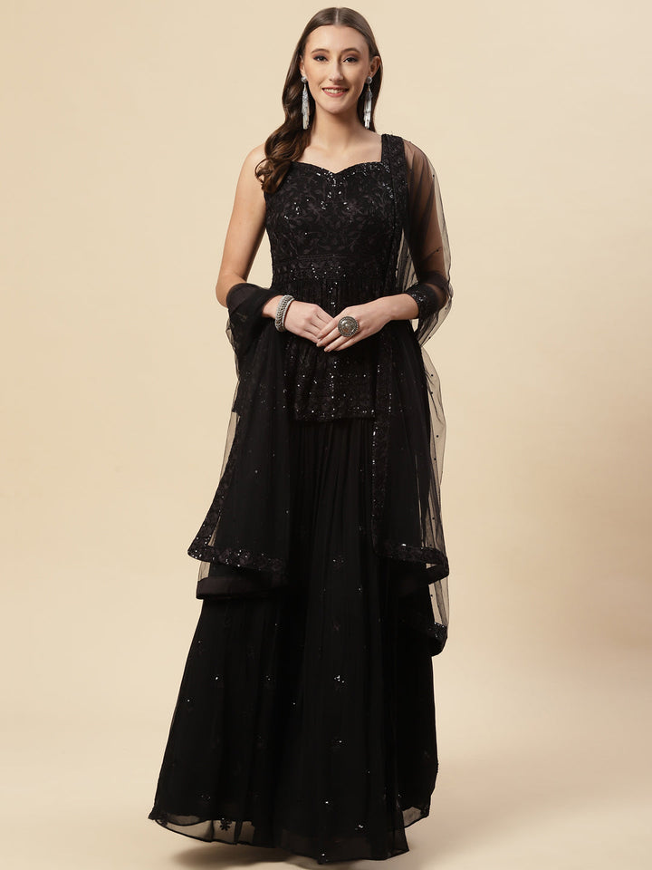 Sequin Embroidered Georgette Choli With Lehenga &amp; Net Dupatta