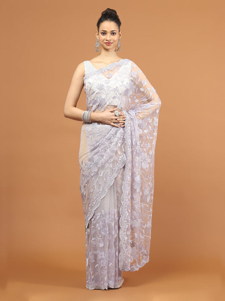 Sequence Embroidery Net Saree