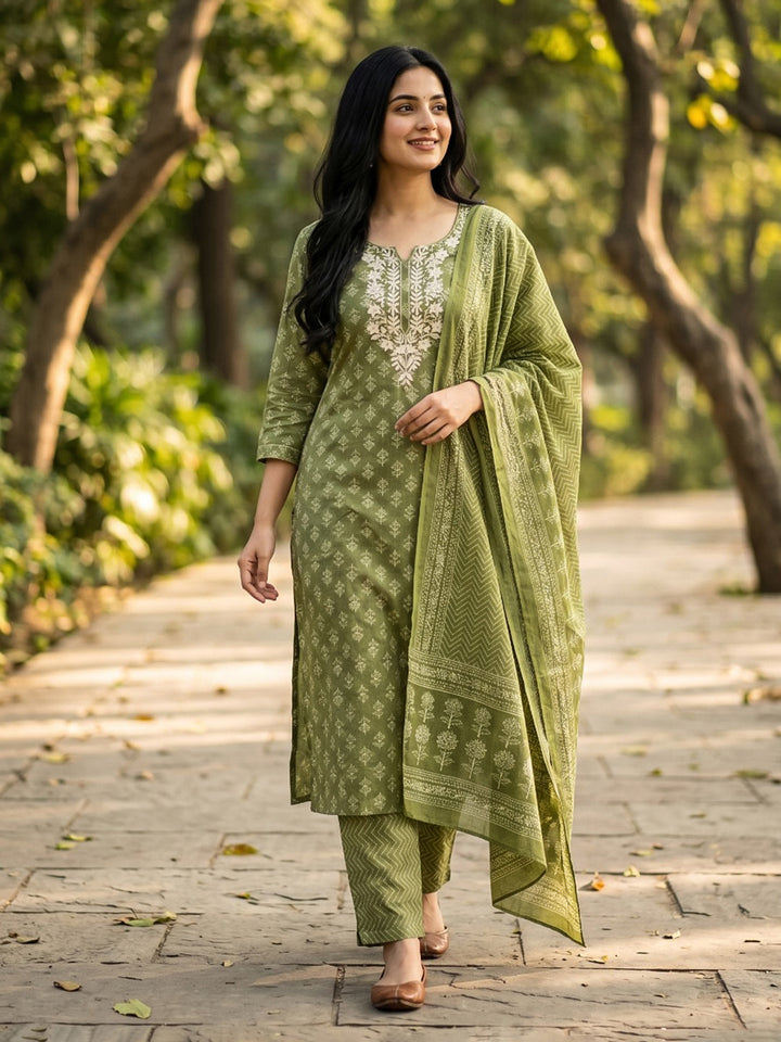 Embroidered Cotton Blend Kurta With Pant &amp; Dupatta