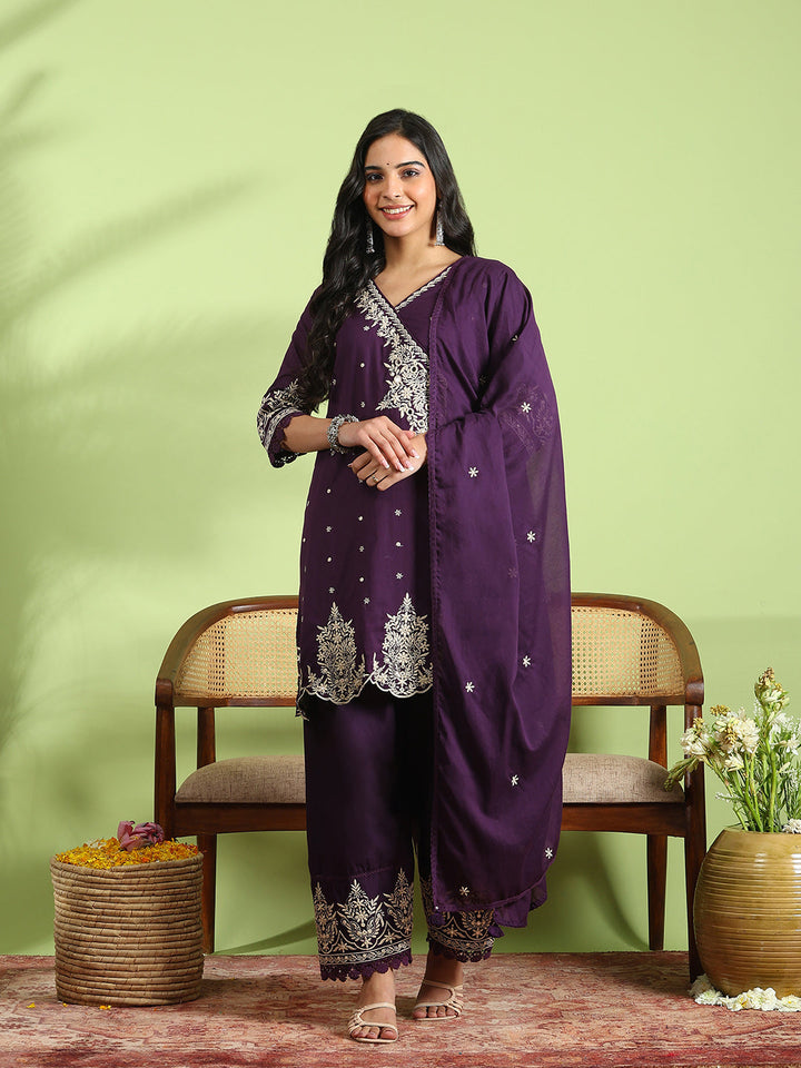 Embroidered Cotton Kurta With Pant &amp; Dupatta