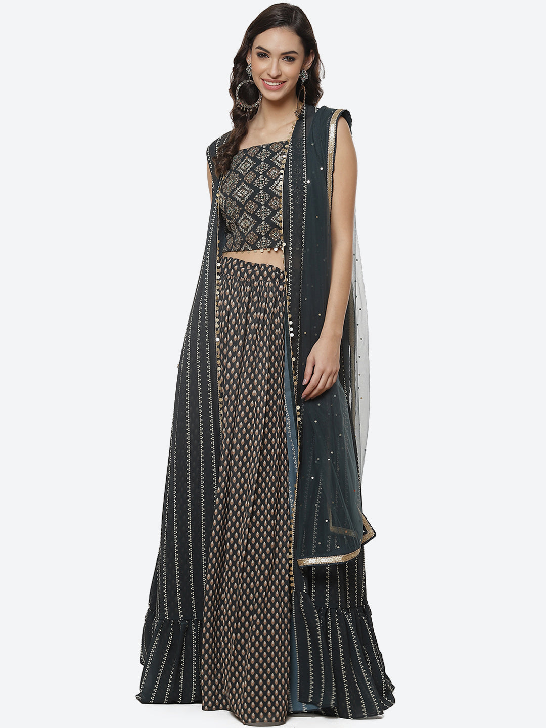 Paisley Printed Crepe Jacket With Lehenga Choli And Net Dupatta